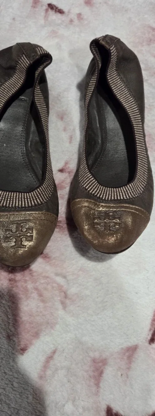 Tory Burch Brown Leather Ballet Flats with Metallic Bronze Toe